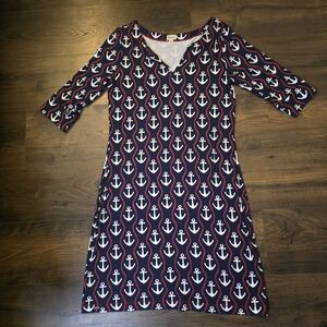 Hatley Nautical Anchor Sheath Dress M Knee Length Sleeve Stretch Preppy